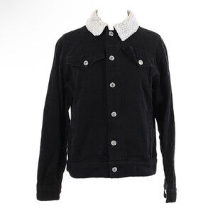 Women’s Black Denim Cotton Faux Fur Collar Trim Jacket, S